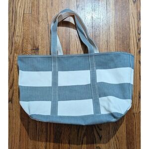 LL Bean Canvas Blue Cream Striped Open Top Tote Bag Large